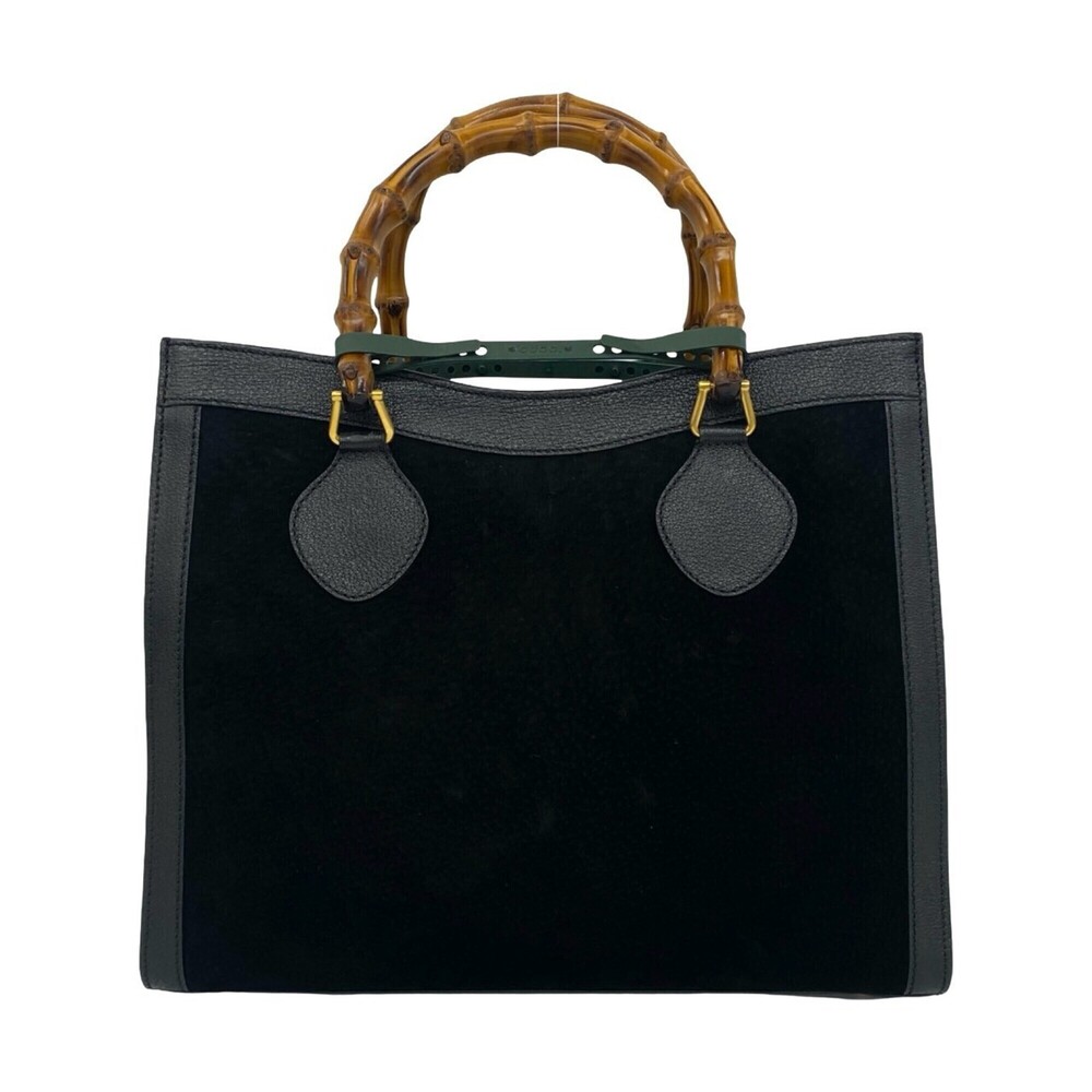 GUCCI Vintage Bamboo Suede Leather Handbag Tote Bag, Black, 35013